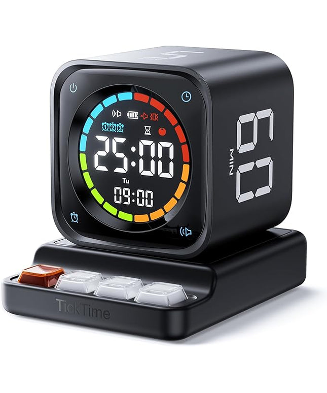 TK3 Pomodoro Timer Cube, Desk Productivity Timer with 5/10/30/60 Min Presets, Custom Countdown, Stopwatch, Clock, 3 Alarm, Silent, Vibrate & Sound Alert, for Task, ADHD, Study, Kitchen, Black