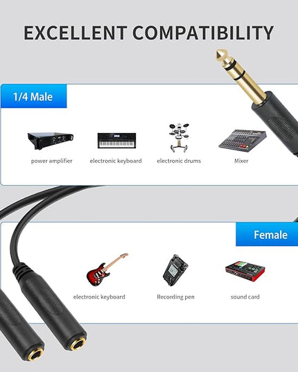 SiYear 6.35mm 1/4 inch Male Plug Stereo to 2 Dual 1/4 "TRS Female Jack Connector Audio Speaker Cable, Y Splitter Adapter Cable (20CM / 8Inch)