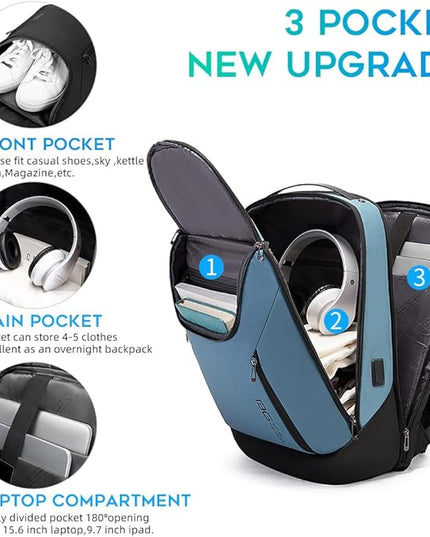 BANGE Business Smart Backpack Waterproof fit 15.6 Inch Laptop Backpack with USB Charging Port,Travel Durable Backpack (Light Blue(three Pocket), Medium)