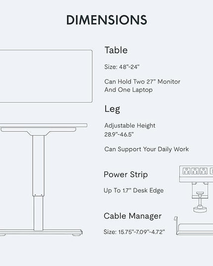 FLEXISPOT EN2 Whole-Piece Standing Desk with Clamp Power Strip, 48x24'' Electric Stand Up Height Adjustable Desk with Cable Management (Black Frame + 48" Black Table Top)