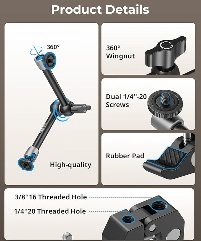 SMALLRIG Clamp w/ 1/4" and 3/8" Thread and 9.8 Inches Adjustable Friction Power Articulating Magic Arm with 1/4" Thread Screw for LCD Monitor/LED Lights - KBUM2732B