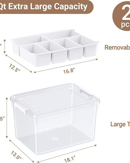 80Qt Large Stackable Storage Bins with Lids & Trays, Clear Plastic Latching Boxes Organizers with Dividers Portable 20Gal Containers for Arts & Crafts, Home and Car Trunk Organization, 2Pack
