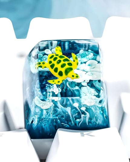 Sea Turtle Artisan Keycap Light Blue Ocean R1 SA Profile Custom Sea Creatures Keycaps 1U ESC Handmade Gaming Resin Key Cap Cherry MX Switch Compatible Mechanical Keyboard Turtle Lover Gift