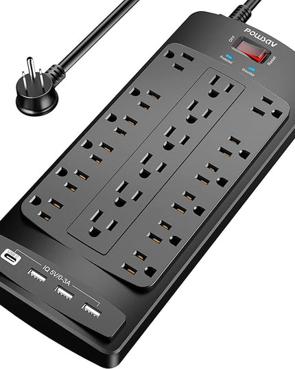 18 Outlets Surge Protector Power Strip - 6 Feet Flat Plug Heavy Duty Extension Cord with 18 Widely Outlets and 4 USB Ports, 2100 Joules, Black, ETL Listed