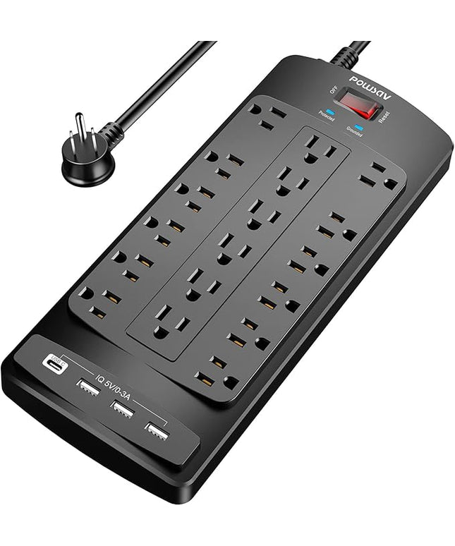 18 Outlets Surge Protector Power Strip - 6 Feet Flat Plug Heavy Duty Extension Cord with 18 Widely Outlets and 4 USB Ports, 2100 Joules, Black, ETL Listed
