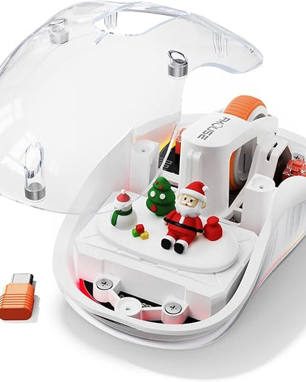 White Transparent Wireless Mouse with Cute Santa Doll, Dual Receivers (USB & Type-C), Tri-Mode Bluetooth+2.4GHz, Rechargeable Silent Portable Mice for MacBook/Laptops/PC/Office/Home
