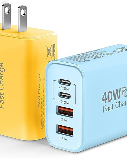 USB C Wall Fast Charger Block, 40W 4-Port Type C Chargers Fast Charging Blocks PD Power Charger Adapter+QC 3.0 USB Multiport Charger Brick for Phone 17/16/15/14/13/12 Pro Max, i-Pad, Galaxy S25-2Pack