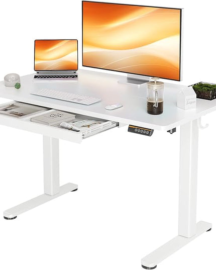 YDN Standing Desk with Drawers, 48 x 24 Inch White Standing Desks Electric Adjustable Height Desk for Computer Workstations, White