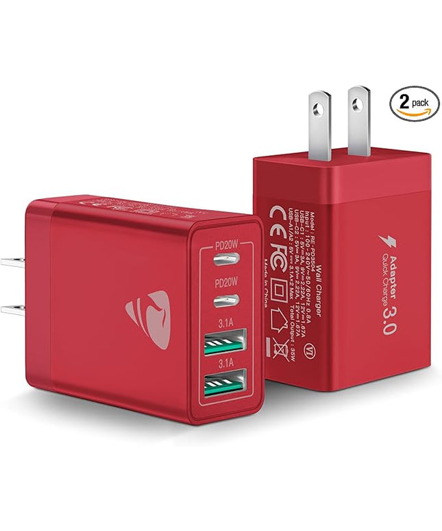 USB C Charger Block 2-Pack, Aiminu 40W 4-Port Fast USB C Charger Cube PD Power Delivery Fast Type C Charging Block Plug Adapter for iPhone 16/15/14/13/12/11/Pro Max, XS/XR/X, iPad, Android Phones