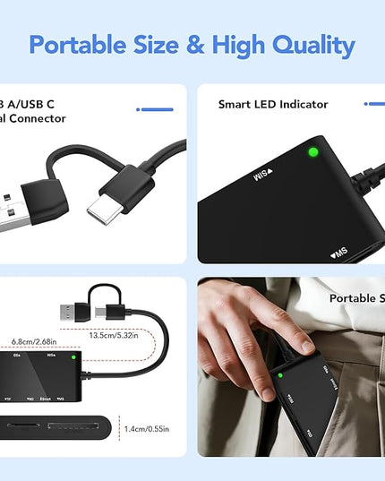 USB C/USB A SIM Card Reader- 7 in 2 CAC Smart Card Reader Military, MS Pro Duo/SD/TF/M2/ID/IC/PIV/Sim Card Adapter, SIM Card Reader for iPhone 17/16/15/iPad/PC/Laptop/Windows/Linux