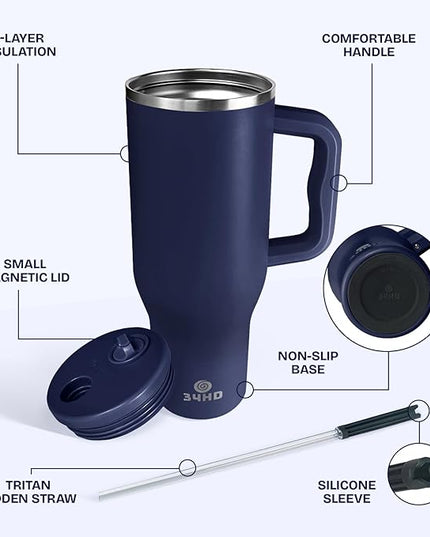 34HD 40 oz Stainless Steel Tumbler - Leakproof Insulated Water Bottle with Handle, Magnetic Lid and Flexible Straw - Iced for 48 Hours – Perfect for Men, Women, Birthday Gift, Navy - Deep Sea Blue