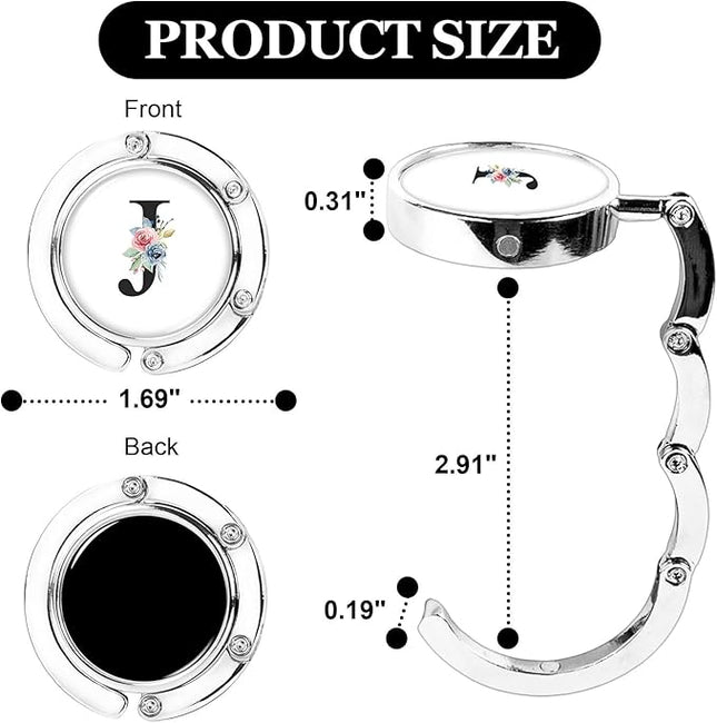 XSUIOY 3Pcs Personalized Initial Foldable Purse Hook for Table,Crushed Flower Letters Folding Purse Hanger,Purse Holder Handbag Hanger Collection Desk Table Bag Hooks Gifts for Women Bag(Black-J)