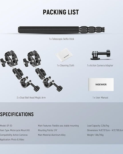 NEEWER Motorcycle Camera Mount Kit, Bicycle Handlebar Invisible Selfie Stick, 360° Ball Heads, Super Clamps & Cleaning Cloth, Compatible with GoPro Insta360 DJI AKASO Action Cam Video Recording, GP-30