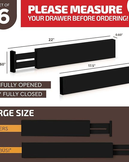 6 Pack Bamboo Drawer Dividers - 17" to 21.5" Expandable Adjustable Drawer Organizer for Kitchen Utensils, Large Drawer Divider, Clothes, Dresser, Bedroom, Bathroom, Desk Drawer Separator Set (Black)
