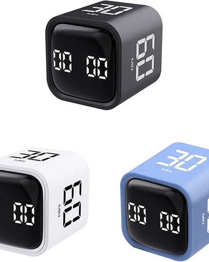 Productivity Timer Flip Gravity Sensor Cube Timer Countdown & Countup,Mute & Vibrate & Sound，5/10/30/60min & Custom Timing, Perfect for ADHD,Work,Learning,Kitchen Cooking (3, Black+White+Blue)
