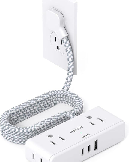 Extension Cord 10 ft, BESHON Flat Plug Power Strip, 4 Widely Outlets with 3 USB Ports (2 USB C), Extension Cord with Multiple Outlets for Home, Office, Dorm Room Essentials