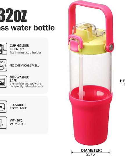 Glass Tumbler with Carry Handle, Clear Glass Water Bottle with Leakproof Lid, Spout Lid&Straw, BPA-Free, 32 oz, Bright Pink