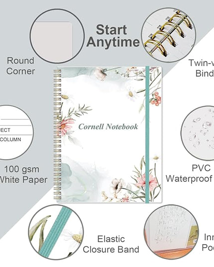 Yaridar A4 Cornell Notes Notebook - 8.5" x 11" College Spiral Cornell Notebooks for Note Taking, Subject College Ruled Steno Pads for Office School/Home, Pink Flower