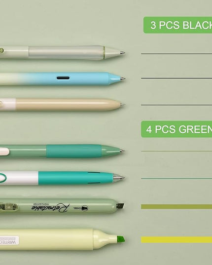 WRITECH Gel Pens Journaling Highlighters: Journal Set Aesthetic Assorted Pastel Color Ink 0.5mm Fine Point Retractable 0.7mm Black Pen Smooth Writing Drawing No Bleed 7ct (Green)