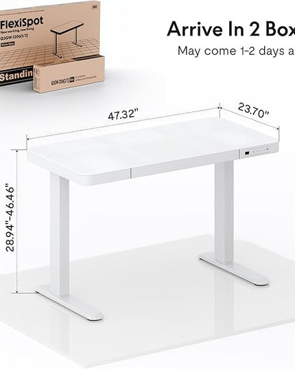 FLEXISPOT Comhar Electric Pure Glass Standing Desk with Drawer Desktop & USB Charge Ports, 48" Ergonomic Height Adjustable Sit to Stand Desk for Home Office (White, Glass)