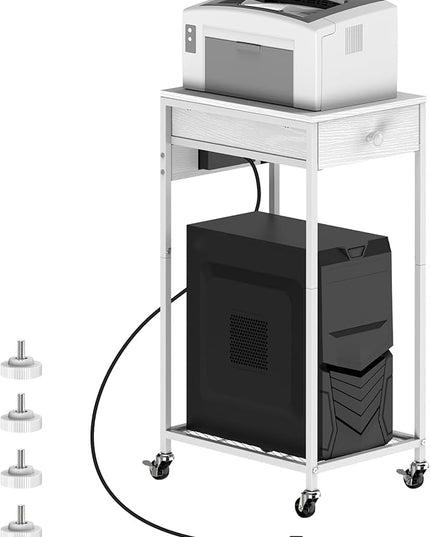 Computer Tower Stand, Adjustable PC Tower Stand CPU Holder Cart with Charge Station and USB Charging Port, 2 Tier Printer Stand with Wood Storage Drawer for Home Office Fax, White