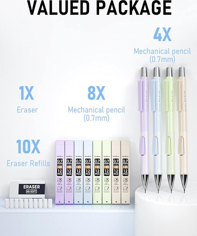 Nicpro 4 PCS Pastel Mechanical Pencil 0.7mm, Cute Fast Click Mechanical Pencils Set with 8 Tubes HB Lead Refills, Erasers, Eraser Refills for School, Student Writing, Drawing, Sketching - with Case