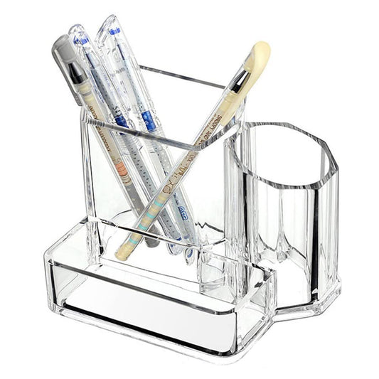 Sooyee Acrylic Desk Supplies Cosmetic Organizer Holder, 3 Compartment Office Desktop Caddy, Multi-function Pen Pencil Cup Phone Remote Control Stationery Storage Box for Home, School, Classroom, Clear