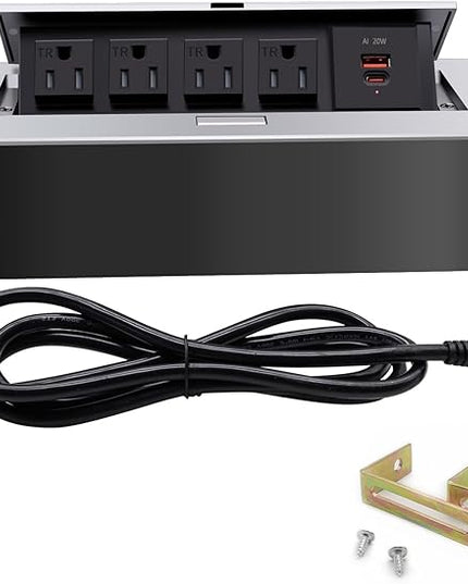 Pop up Outlet; Power Strip; Embedded countertop Outlet; 4 Power Outlets with USB-C PD 20W Fast Charging 16AWG Power Cord; Suitable for Office, Conference, Home, Book Rooms -Silver