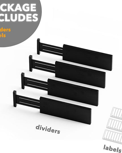 SpaceAid Bamboo 4 Pack Dresser Drawer Dividers, 4.65“ High Adjustable 12.5“-17” Drawer Organizers, Expandable Organization for Clothing, Clothes, Dressers, Black