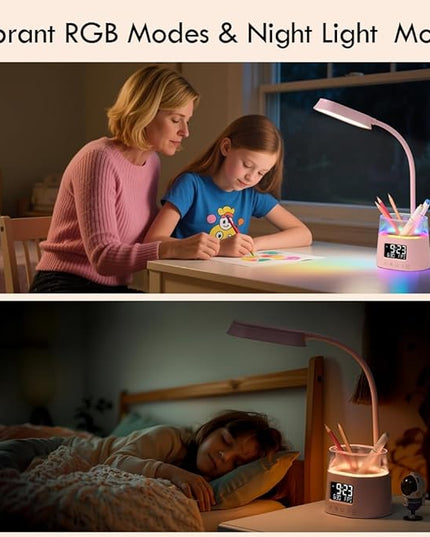 WILIT LED Desk Lamp for College Dorm Room Essentials, Students Study Lamp with Charging Station, Pen Holder, Clock & RGB Night Light, Office Desk Accessories, Table Lamp for Bedroom - Pink