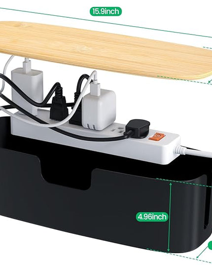 Large Cable Management Box - Cord Organize Box with Bamboo lid for Safe Home & Office, Cord Hider for Power Strip Under Desk, Cover TV Wires, Child & Pet Proof Cord Box, Black