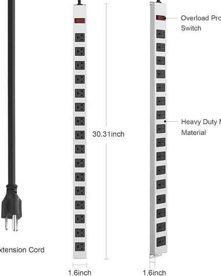 JUNNUJ Metal 16 Outlet Power Strip, Mountable Heavy Duty Power Strip, 1200J Surge Protector Wall Mount Screws Outlet with Switch, Gaming Desk Strips Wide Spaced 15A 125V 1875W, 6 FT 14AWG Power Cord