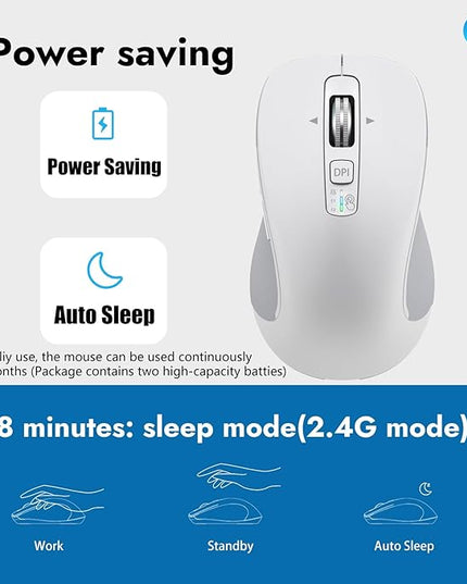 Wireless Bluetooth Mouse (USB + BT1 + BT2), Full Size, 4-Way Scrolling, Multi-Device Silent Mouse for Computer, Laptop, iPad, MacBook (White)