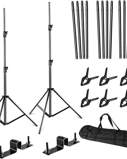 SLOW DOLPHIN Photo Video Studio Triple Crossbar 10 (W) x 8.5 (H) ft Adjustable Photography Backdrop Background Support Stands, with Mounting Bracket and 6 Pcs Spring Clamp, Carry Bag