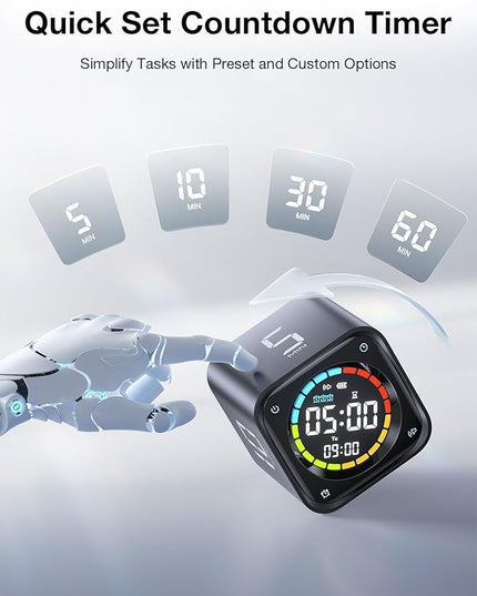 TK3 Pomodoro Timer Cube, Desk Productivity Timer with 5/10/30/60 Min Presets, Custom Countdown, Stopwatch, Clock, 3 Alarm, Silent, Vibrate & Sound Alert, for Task, ADHD, Study, Kitchen, Black