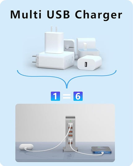 VPSUN USB Charger 6 Port 50W Multi USB Tower Charging Station for Multiple Devices iPhone 15/14/14 Pro/14 Pro Max/13 Pro/13 Pro Max/Android/Samsung/Tablet,etc (Gray, 50W)
