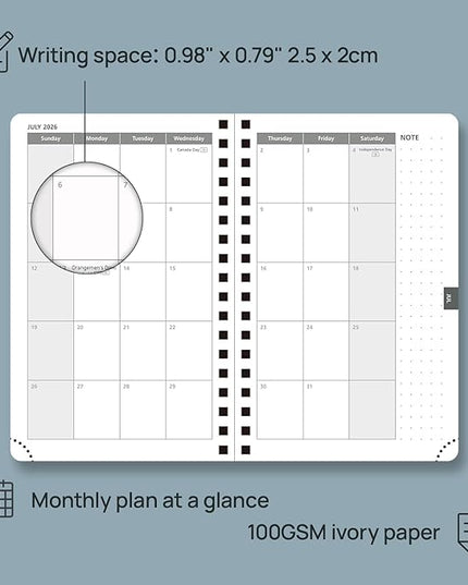 POPRUN 2026 Pocket Planner, (Small Size-4'' x 6.25'') - Daily Weekly and Monthly Calendar Agenda 2026 Appointment Book with Monthly Tabs, Spiral Soft Cover, Inner Pocket, 100 GSM - Pacific Green