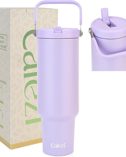 50 oz Insulated Water Bottle, Stainless Steel Water Bottles with Flip Straw and Top Handle, Leak Proof Flip, No Sweat, Fits in Cup Holder, Vacuum Insulated Cup for Home, Office, Outdoors, Car