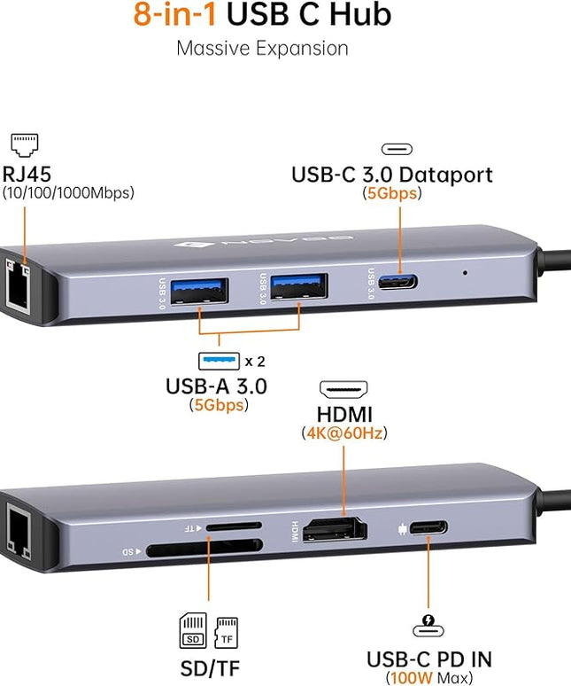 NOVOO USB C Hub 4K@60Hz HDMI Gigabit Ethernet 8-in-1 USB C Adapter Multiport with HDMI,PD 100W,2 USB-A, 1 USB-C Dataport,SD&TF Docking Station for iPhone 15,MacBook Air/Pro M2, Dell, XPS 15,HP, Lenovo
