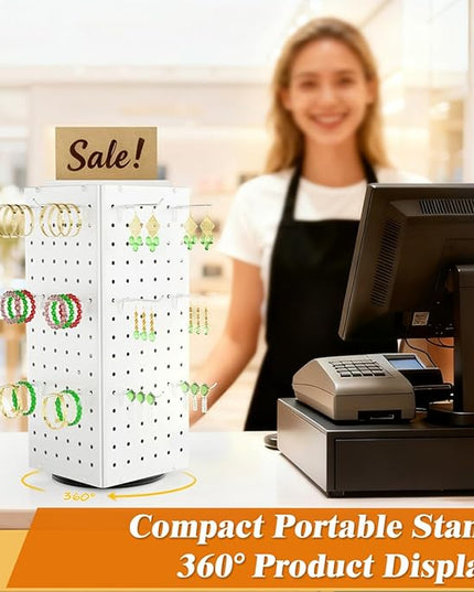 BYCY Rotating Pegboard Display Stand with 30 Hooks,Metal Spinning Peg Board Displays for Craft Shows,4-Sided Jewelry and Accessories Display Racks for Markets,Vendors,Events&Retail Stores (White)