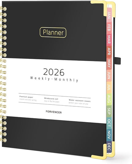 Forvencer 2026 Planner, Hardcover Calendar Planner Weekly and Monthly, Jan 2026 - Dec 2026, 6" x 8", Spiral Agenda Book with Tabs, Exquisite Daily Journal Organizer for Home School, Black