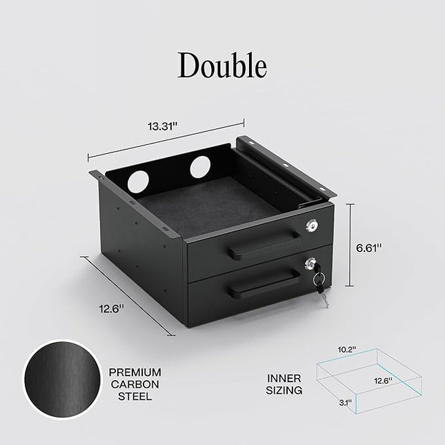 Under Desk Drawer Slide-Out – Lockable Metal Storage Drawers with Cable Management for Office & Home (Double, Non-Bracketed)