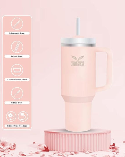 40 Oz Insulated Tumbler with Handle and Straw, Stainless Steel Coffee Travel Mug with Lid, Leak Proof Water Bottle with Accessories, Cream