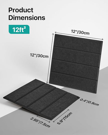 12 Pack Sound Proof Foam Panels for Walls, Self-Adhesive Acoustic Panels Sound Absorbing, 12" X 12" X 0.4" High Density Soundproof Wall Panels Tiles for Door, Ceiling, Home Office, Black