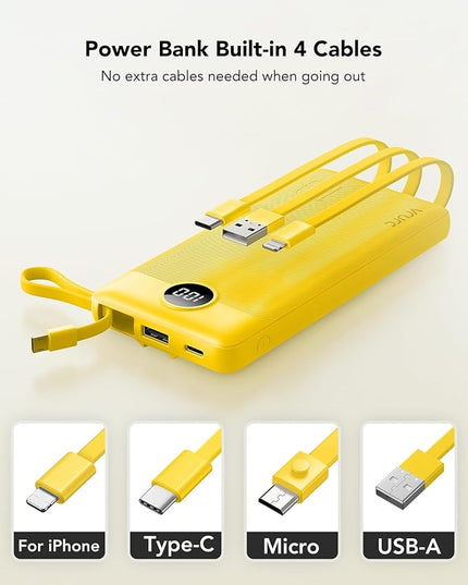 VRURC Portable Charger with Built-in Cables, 10000mAh LED Display USB C Power Bank, Slim Travel Battery Pack with 5 Output 2 Input Compatible with iPhone 17 16 15 13,Samsung,Android etc-Yellow(1 Pack)