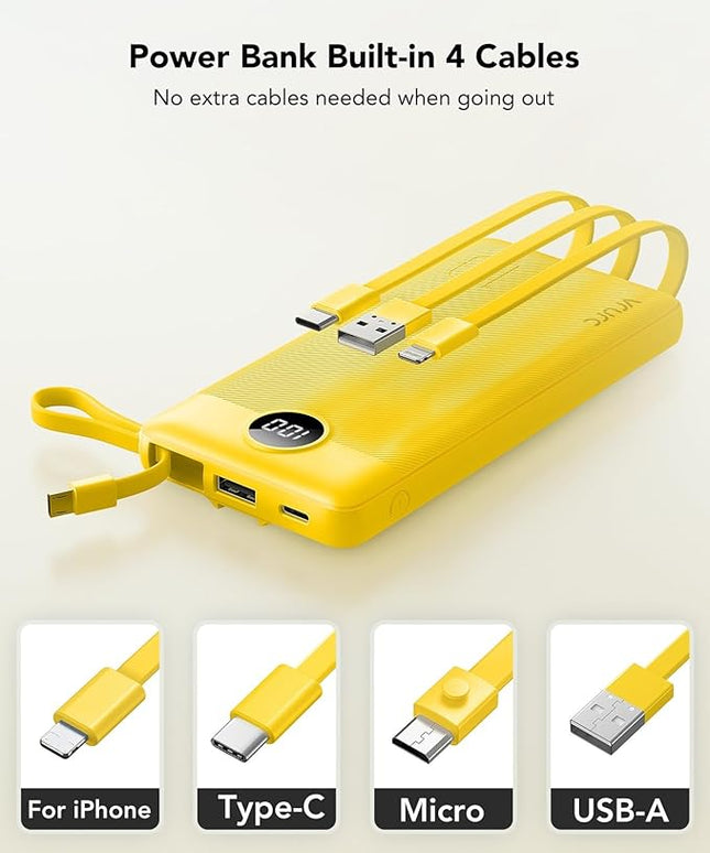 VRURC Portable Charger with Built-in Cables, 10000mAh LED Display USB C Power Bank, Slim Travel Battery Pack with 5 Output 2 Input Compatible with iPhone 17 16 15 13,Samsung,Android etc-Yellow(1 Pack)