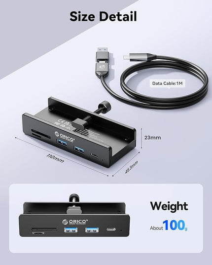 ORICO USB Hub 3.2, USB Hub Clamp with Type-C PD 60W Port, 10Gbps Aluminum 6-Port USB Adapter with 2 USB-A 3.2 Ports, USB-C 3.2, SD/TF Card Reader 3.0, AUX, USB-3.2 Splitter for Monitor, Desk