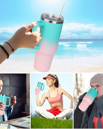 SYACOT 40 oz Tumbler with Handle and Straw Stainless Steel Insulated Tumbler Leak Proof Lid and Straw Lid Reusable Travel Mug Coffee Mug Cup Dishwasher Safe Keep Drinks Cold and Hot (Bubble Gum)