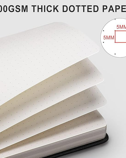 AHGXG Bullet Dotted Journal - 320 Numbered Pages Dot Grid Notebook A5 Thick Journal, 100gsm Thick Dotted Paper, Leather Hardcover,Inner Pocket, 5.75'' × 8.38'' - Black