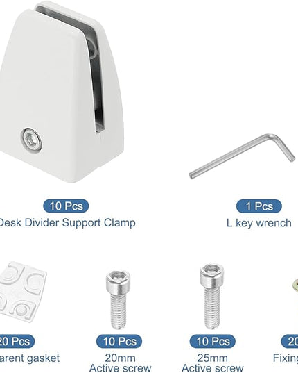 PATIKIL 10 Pcs Office Desk Partition Support Bracket, Aluminum Alloy Sneeze Guard Support Clamps Desktop Divider Clips for Offices Stores Counter Privacy Panel, Matte White